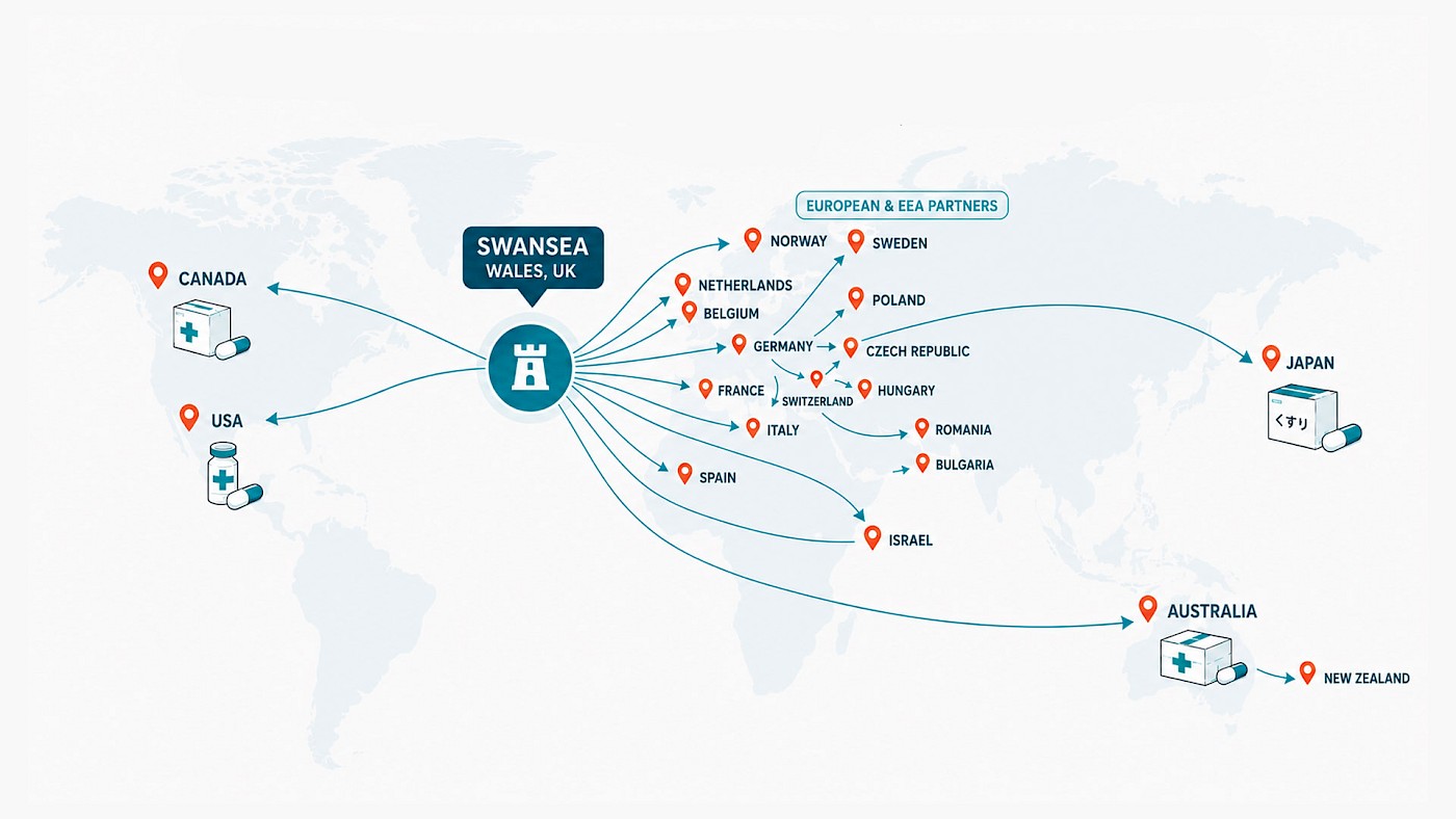 World map with locators showing countries of the Arcadia global network