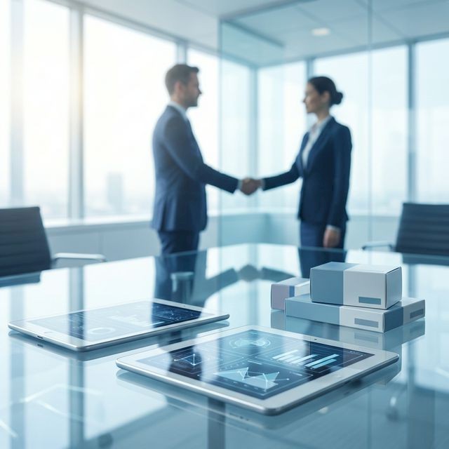 Mae and female professional in soft focus shaking hands